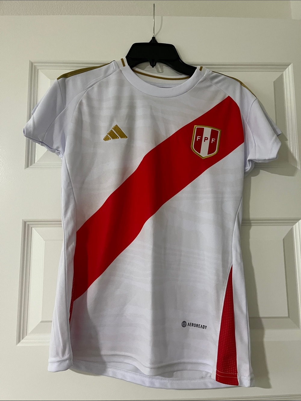 adidas White and Red Peru Diagonal Sash Soccer Jersey